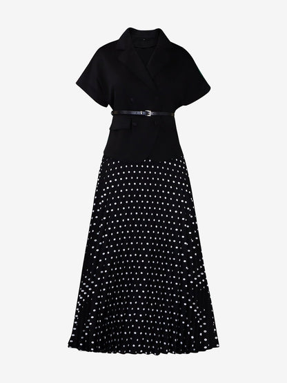 2 Pieces Notch Lapel Short Sleeves Belted Blazer & Polka Dot Pleated Skirt Matching Set