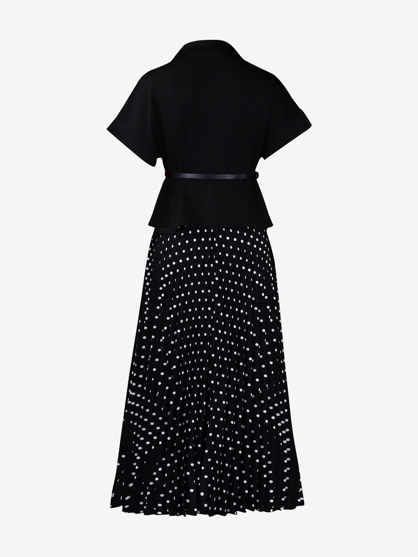 2 Pieces Notch Lapel Short Sleeves Belted Blazer & Polka Dot Pleated Skirt Matching Set