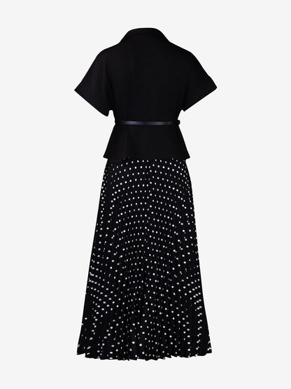 2 Pieces Notch Lapel Short Sleeves Belted Blazer & Polka Dot Pleated Skirt Matching Set