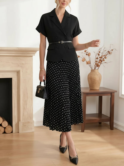 2 Pieces Notch Lapel Short Sleeves Belted Blazer & Polka Dot Pleated Skirt Matching Set