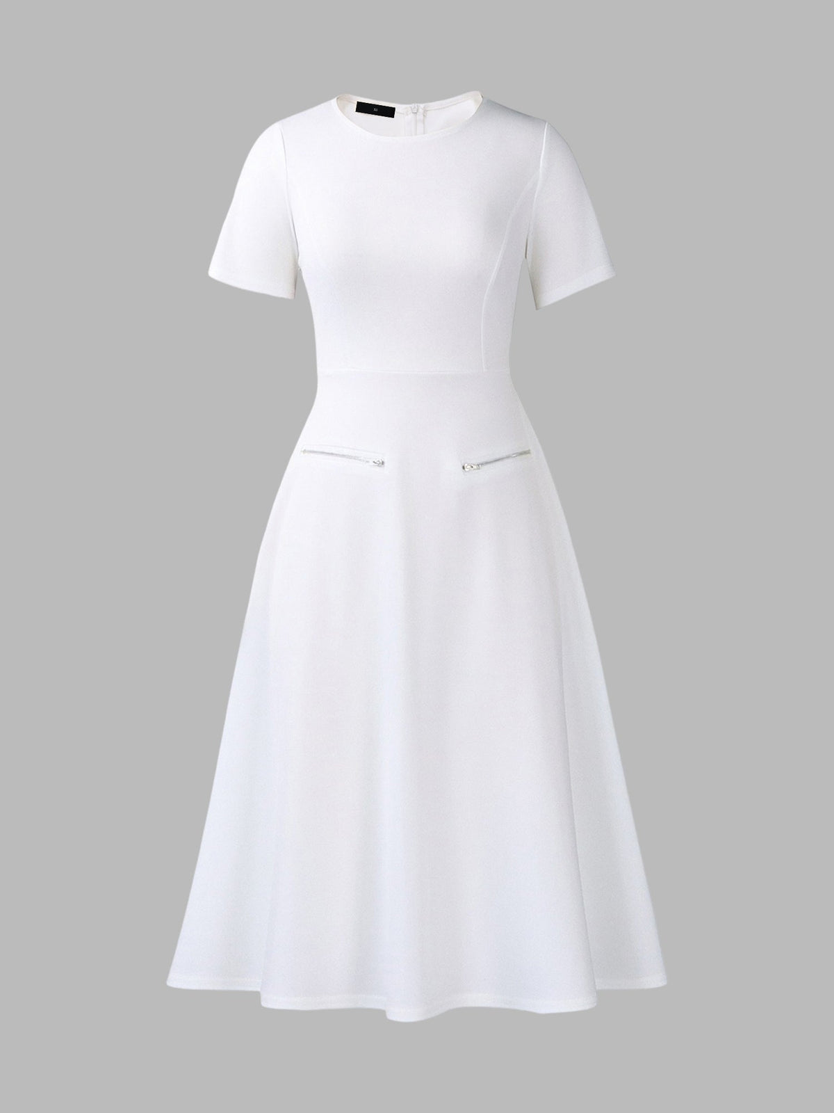 Round Neck Short Sleeves Zipper A-Line Midi Dress