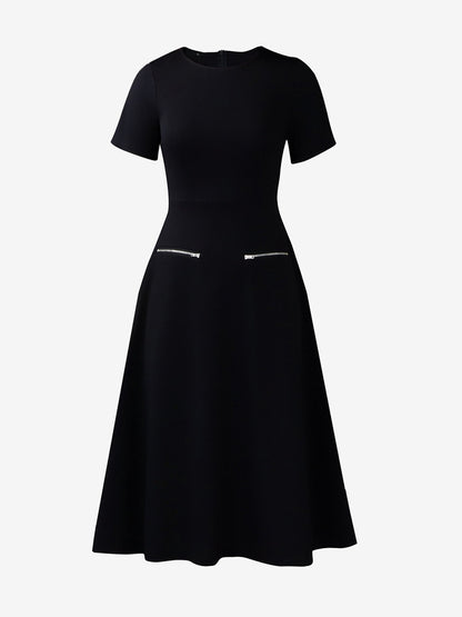 Round Neck Short Sleeves Zipper A-Line Midi Dress
