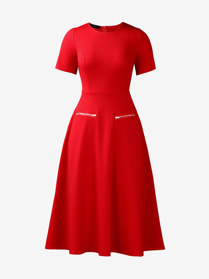 Round Neck Short Sleeves Zipper A-Line Midi Dress
