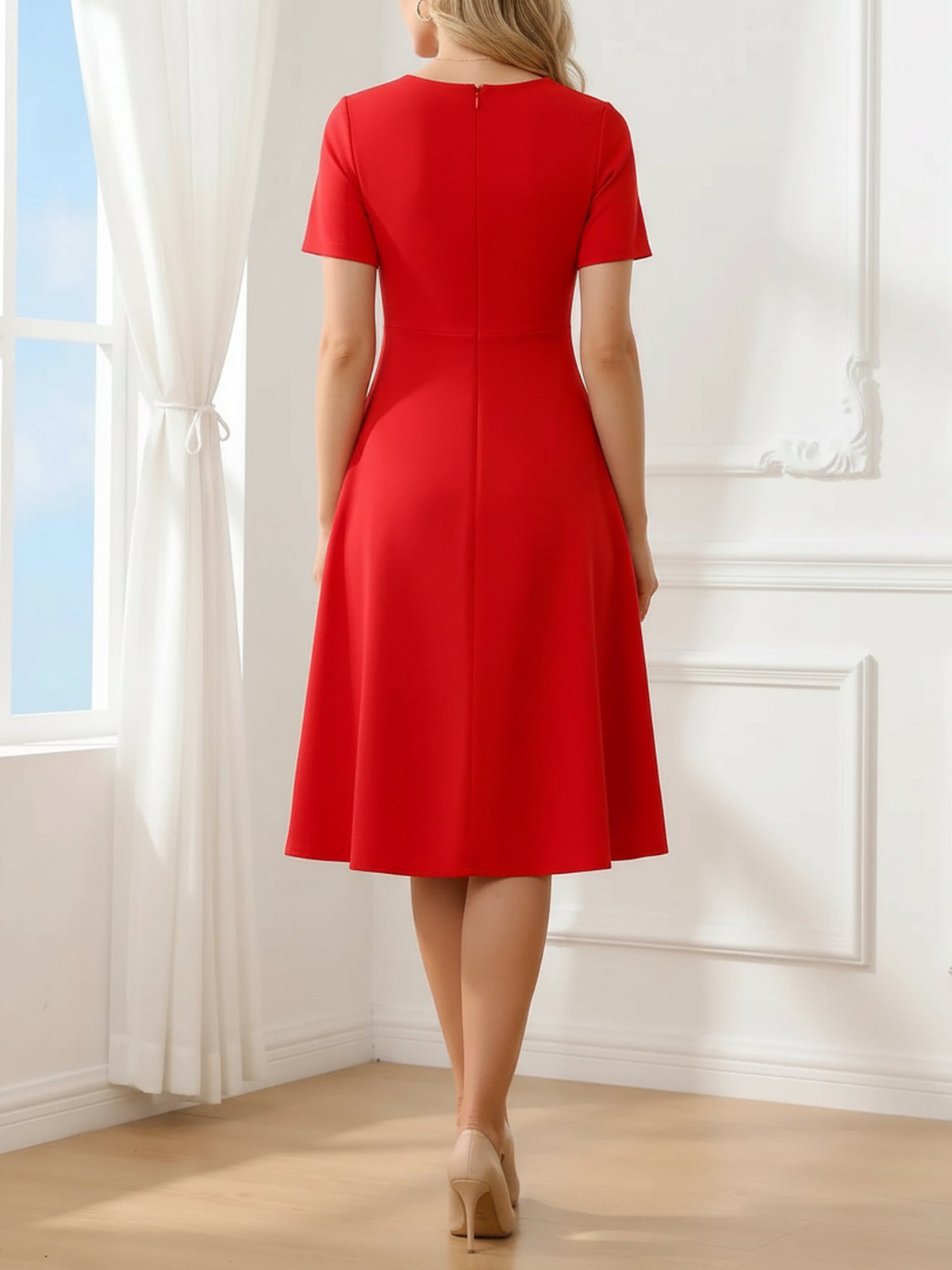 Round Neck Short Sleeves Zipper A-Line Midi Dress