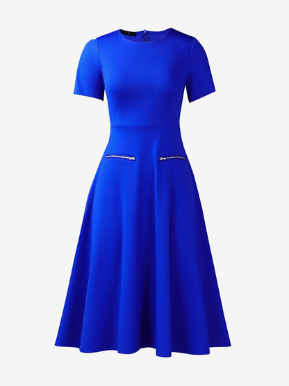 Round Neck Short Sleeves Zipper A-Line Midi Dress