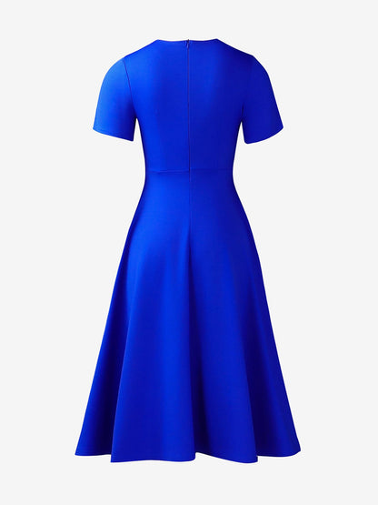 Round Neck Short Sleeves Zipper A-Line Midi Dress