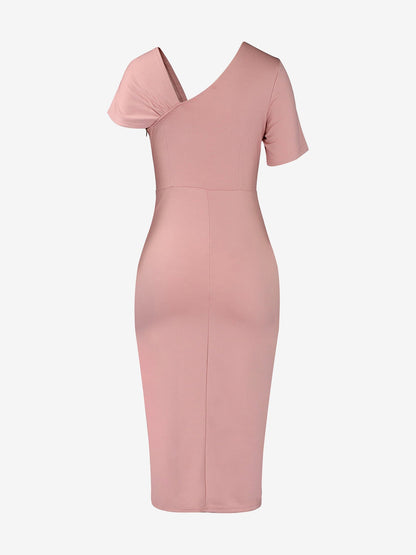 Elegant Solid Color Asymmetrical Neckline Fitted Waist Bodycon Dress