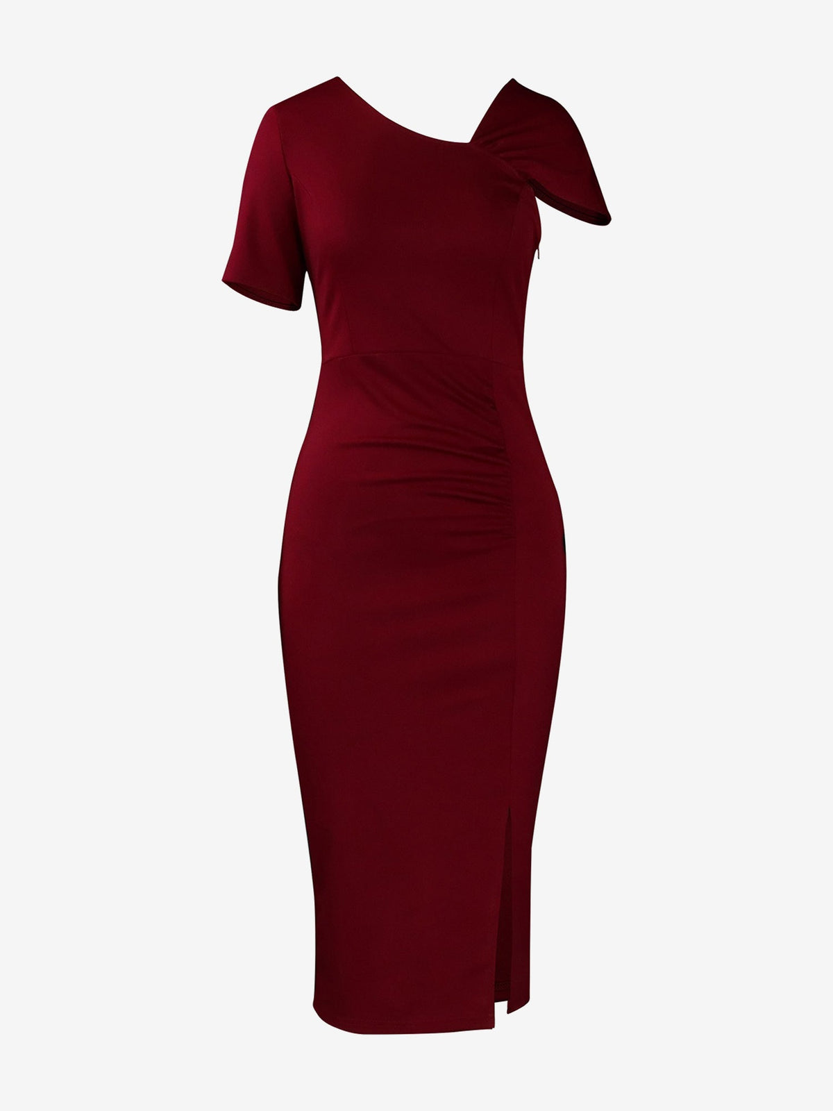 Elegant Solid Color Asymmetrical Neckline Fitted Waist Bodycon Dress