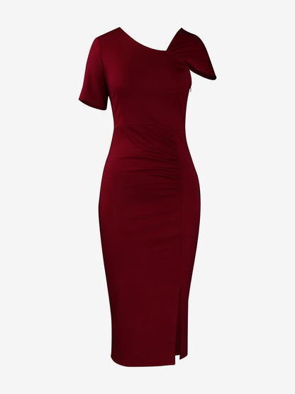 Elegant Solid Color Asymmetrical Neckline Fitted Waist Bodycon Dress