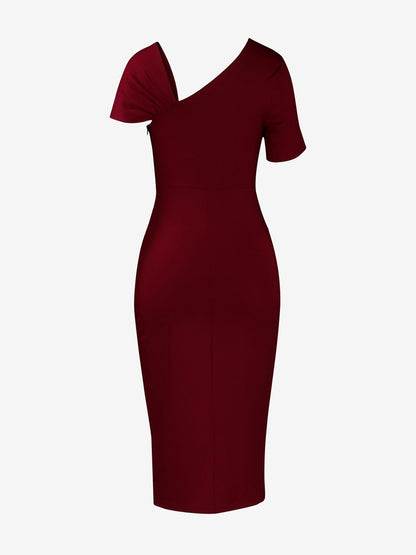 Elegant Solid Color Asymmetrical Neckline Fitted Waist Bodycon Dress