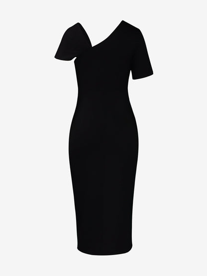 Elegant Solid Color Asymmetrical Neckline Fitted Waist Bodycon Dress