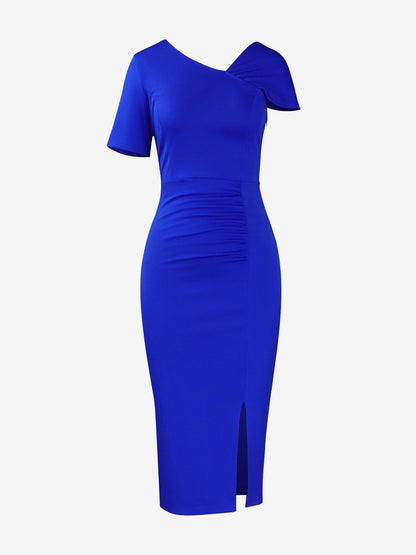 Elegant Solid Color Asymmetrical Neckline Fitted Waist Bodycon Dress