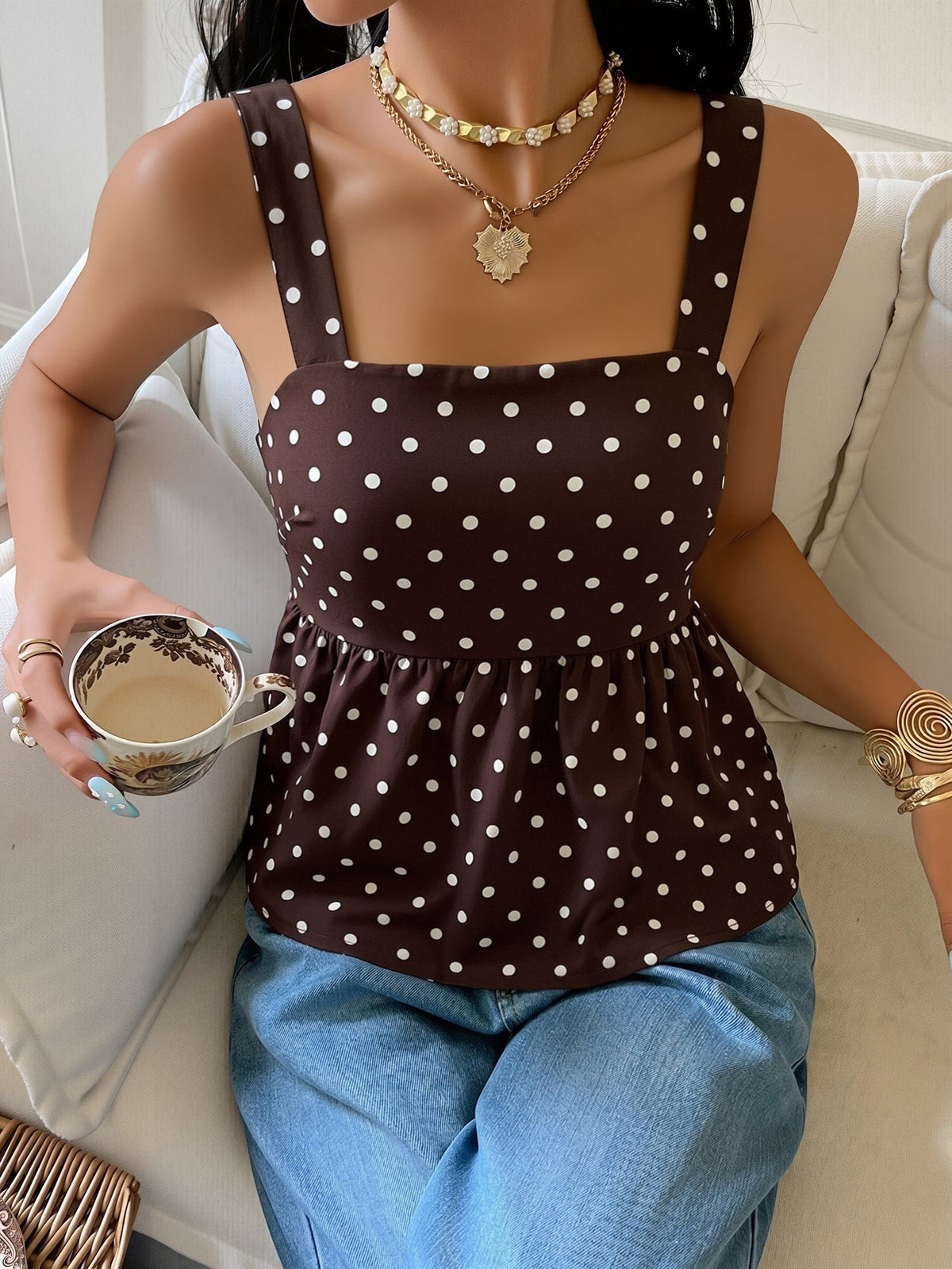 Polka Dots Sleeveless Backless Lace-Up Peplum Blouse