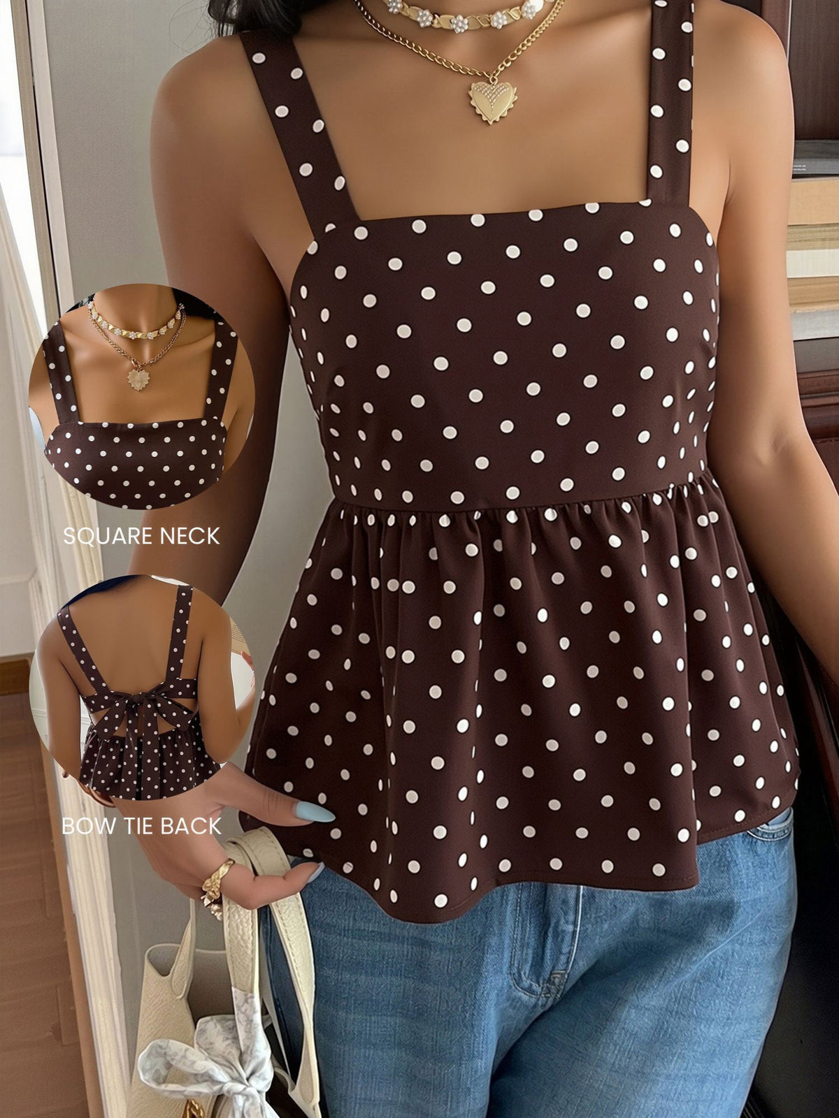 Polka Dots Sleeveless Backless Lace-Up Peplum Blouse