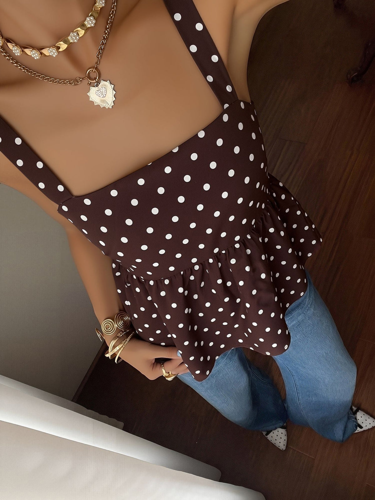 Polka Dots Sleeveless Backless Lace-Up Peplum Blouse