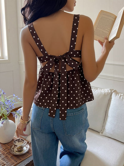Polka Dots Sleeveless Backless Lace-Up Peplum Blouse