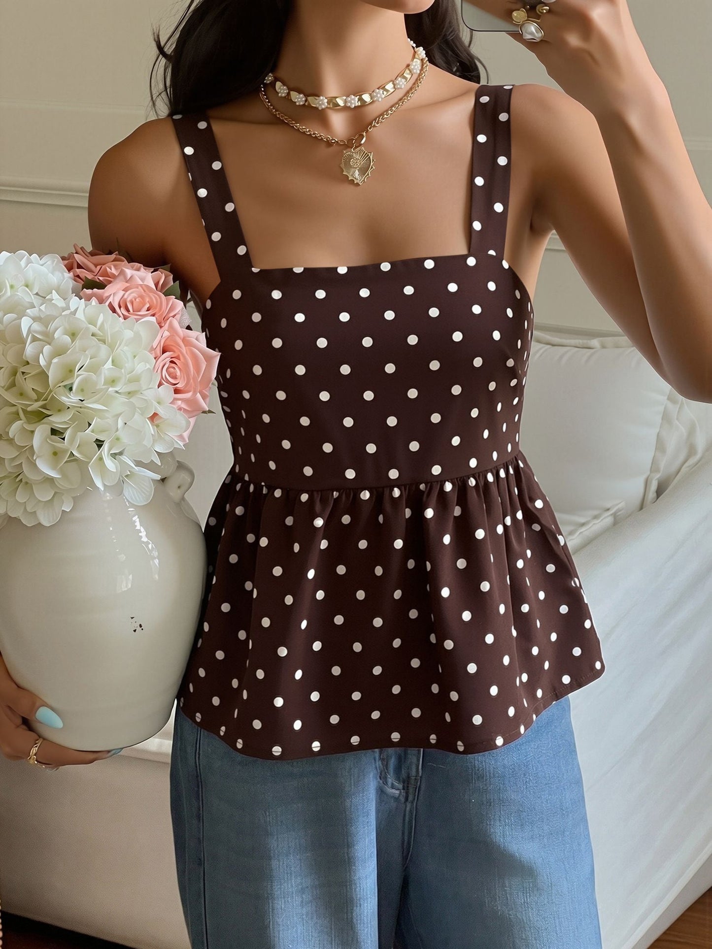 Polka Dots Sleeveless Backless Lace-Up Peplum Blouse