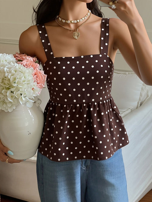 Polka Dots Sleeveless Backless Lace-Up Peplum Blouse