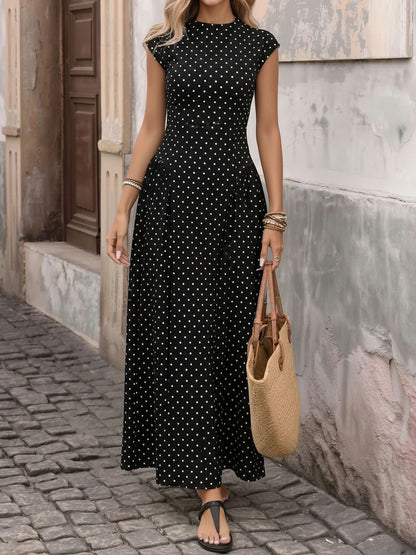 Polka Dot Print Cap Sleeves A-Line Maxi Dress