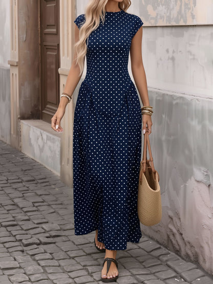 Polka Dot Print Cap Sleeves A-Line Maxi Dress