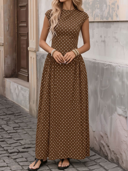 Polka Dot Print Cap Sleeves A-Line Maxi Dress