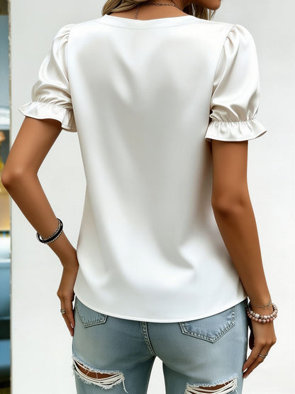 Satin Puff Sleeves Faux Pearl Decor Blouse