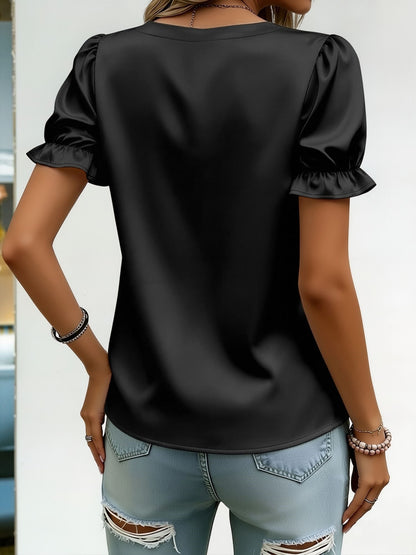 Satin Puff Sleeves Faux Pearl Decor Blouse
