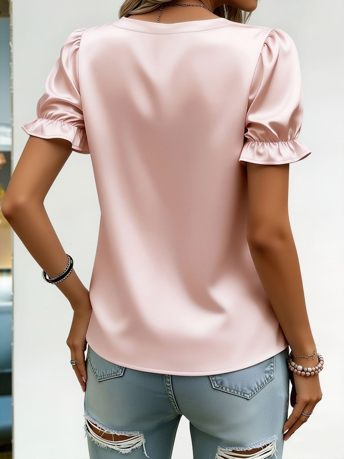 Satin Puff Sleeves Faux Pearl Decor Blouse