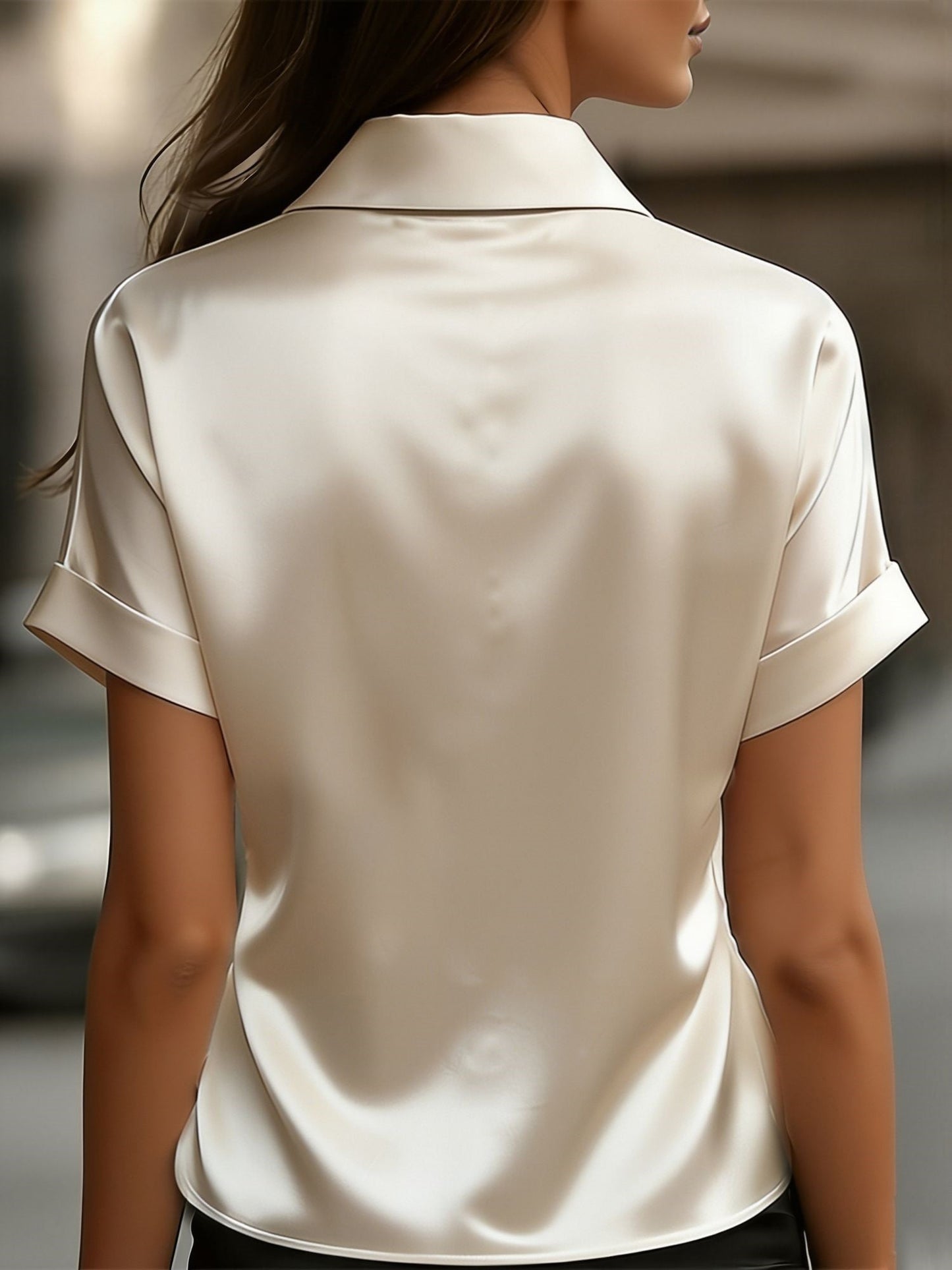 Satin Solid Color Short Sleeves Collared Work Blouse