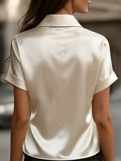 Satin Solid Color Short Sleeves Collared Work Blouse