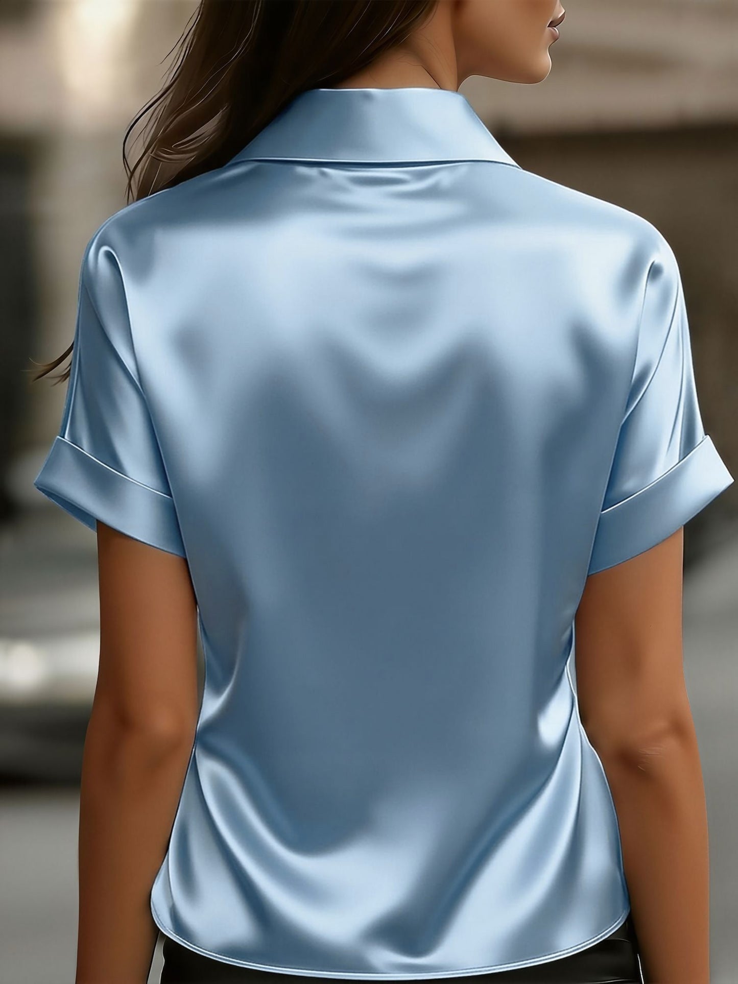 Satin Solid Color Short Sleeves Collared Work Blouse