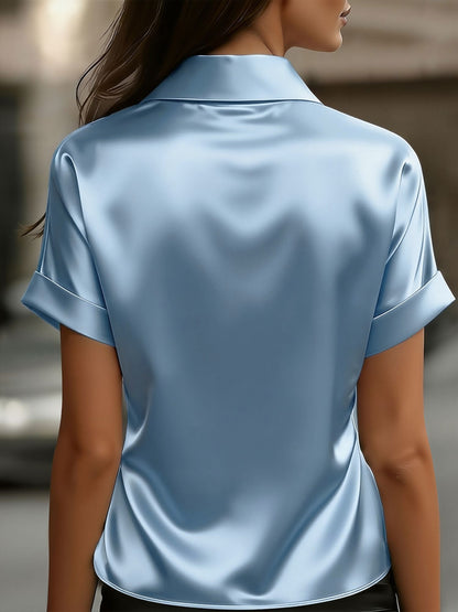 Satin Solid Color Short Sleeves Collared Work Blouse