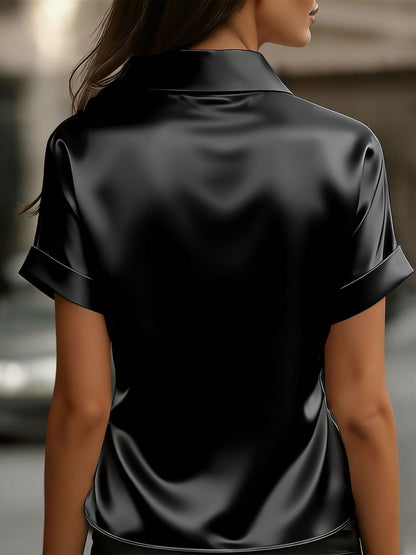 Satin Solid Color Short Sleeves Collared Work Blouse