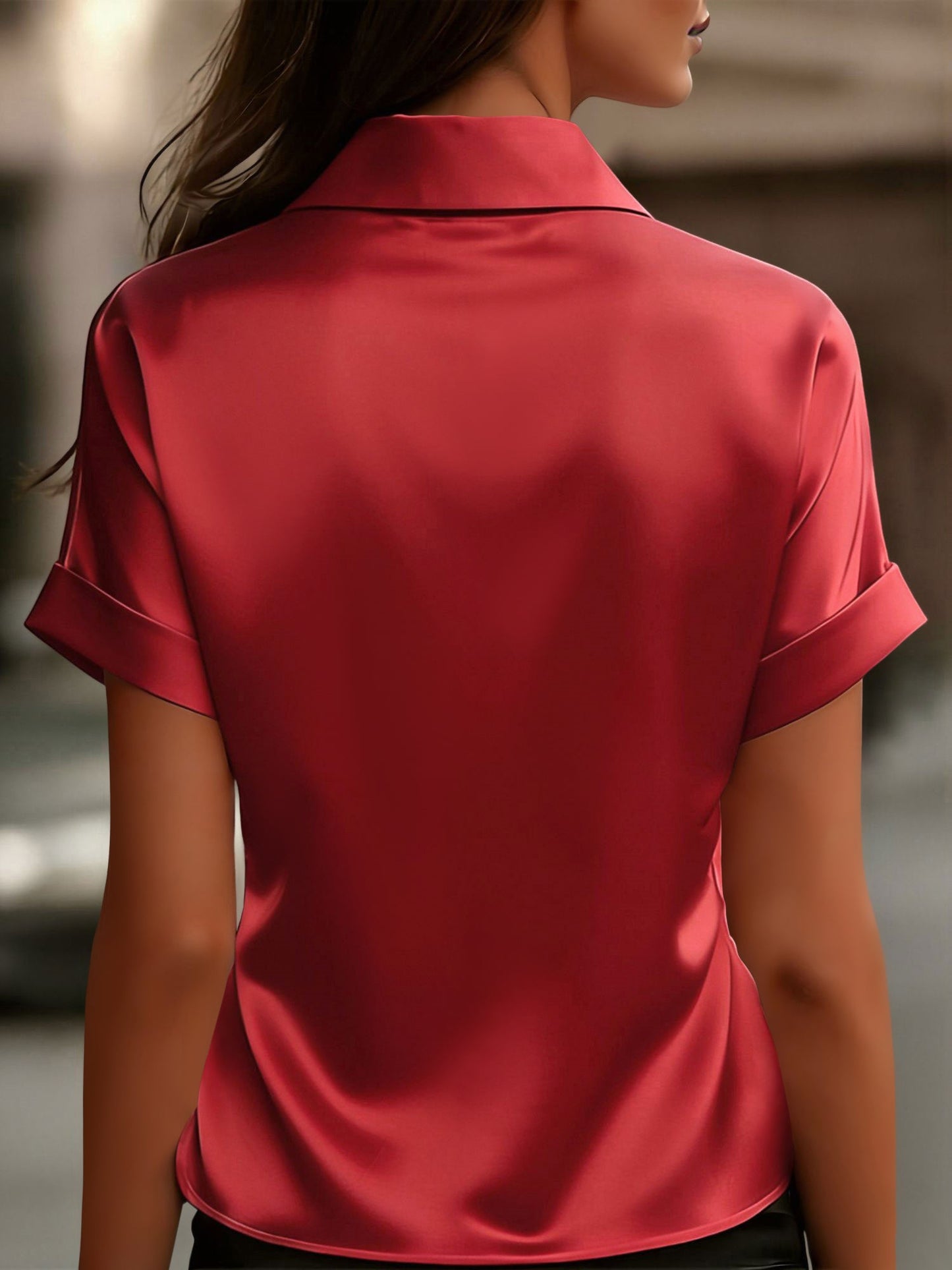 Satin Solid Color Short Sleeves Collared Work Blouse