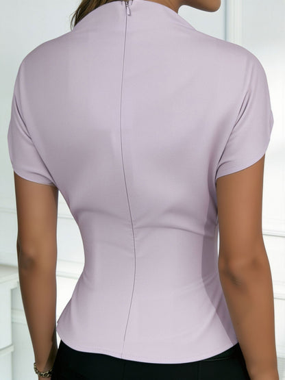 Mock Cowl Neck Cap Sleeves Pleated Work Blouse