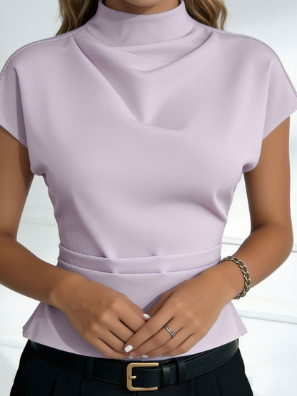 Mock Cowl Neck Cap Sleeves Pleated Work Blouse