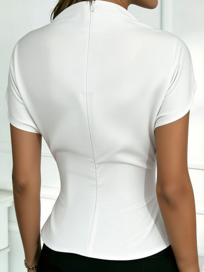 Mock Cowl Neck Cap Sleeves Pleated Work Blouse