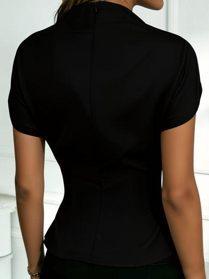 Mock Cowl Neck Cap Sleeves Pleated Work Blouse
