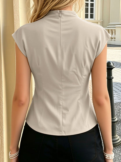 Mock Cowl Neck Cap Sleeves Belted Work Blouse