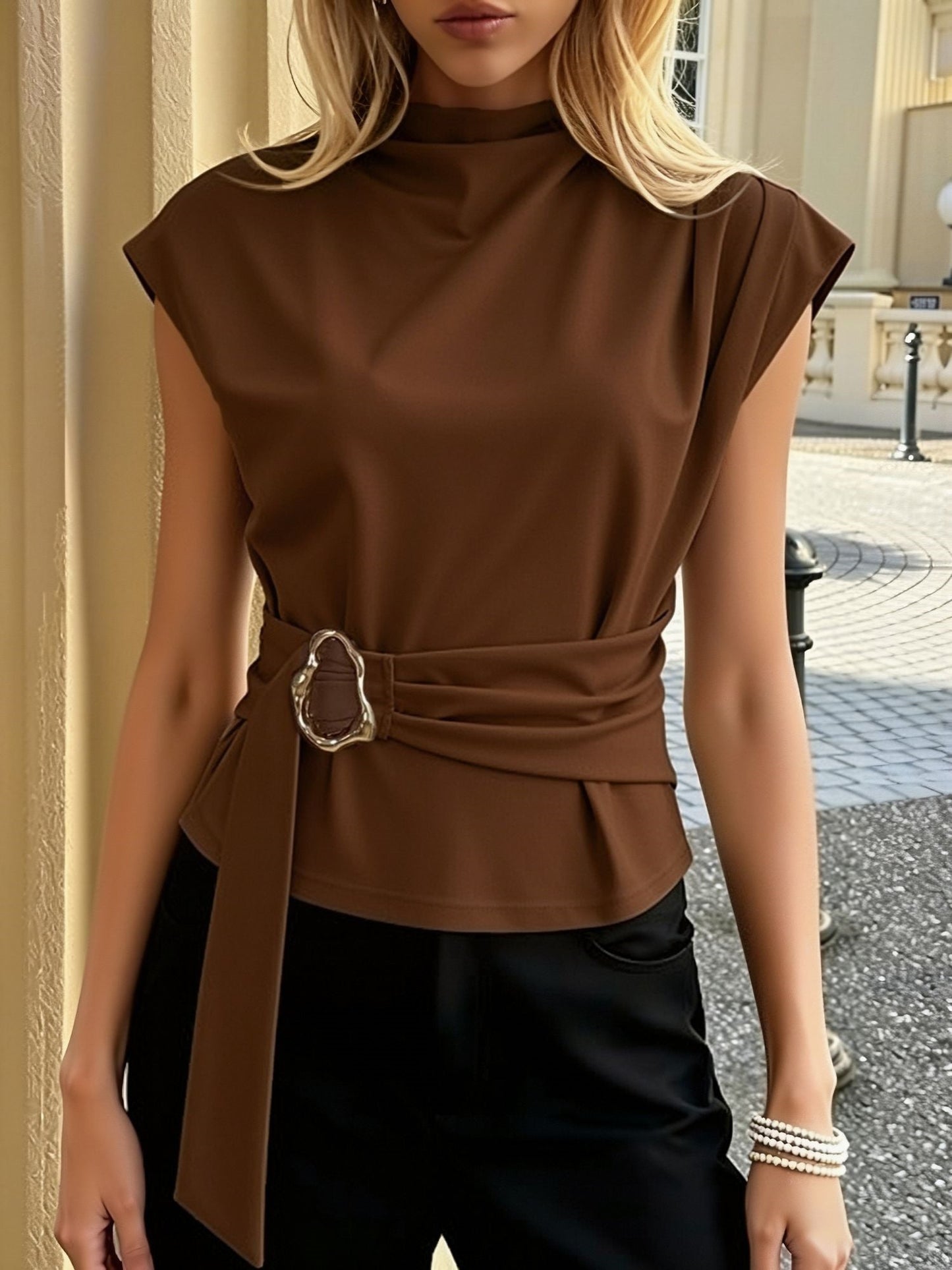 Mock Cowl Neck Cap Sleeves Belted Work Blouse