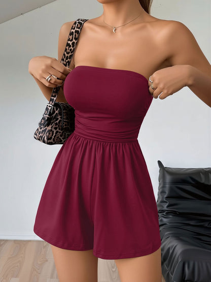 Strapless Solid Color Ruched Backless Rompers