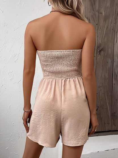 Vacation Solid Color Strapless Ruffled Smocked Rompers