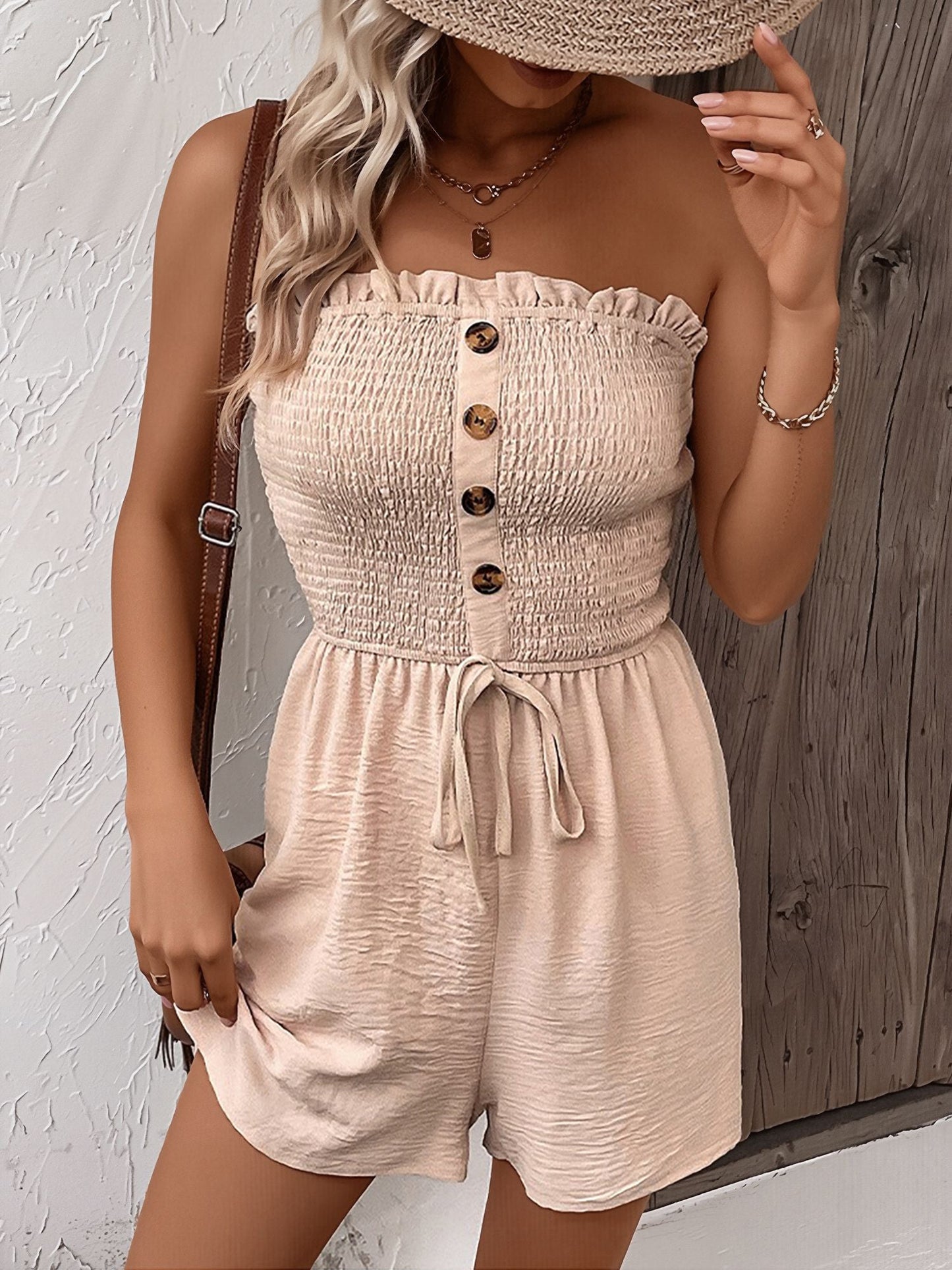 Vacation Solid Color Strapless Ruffled Smocked Rompers