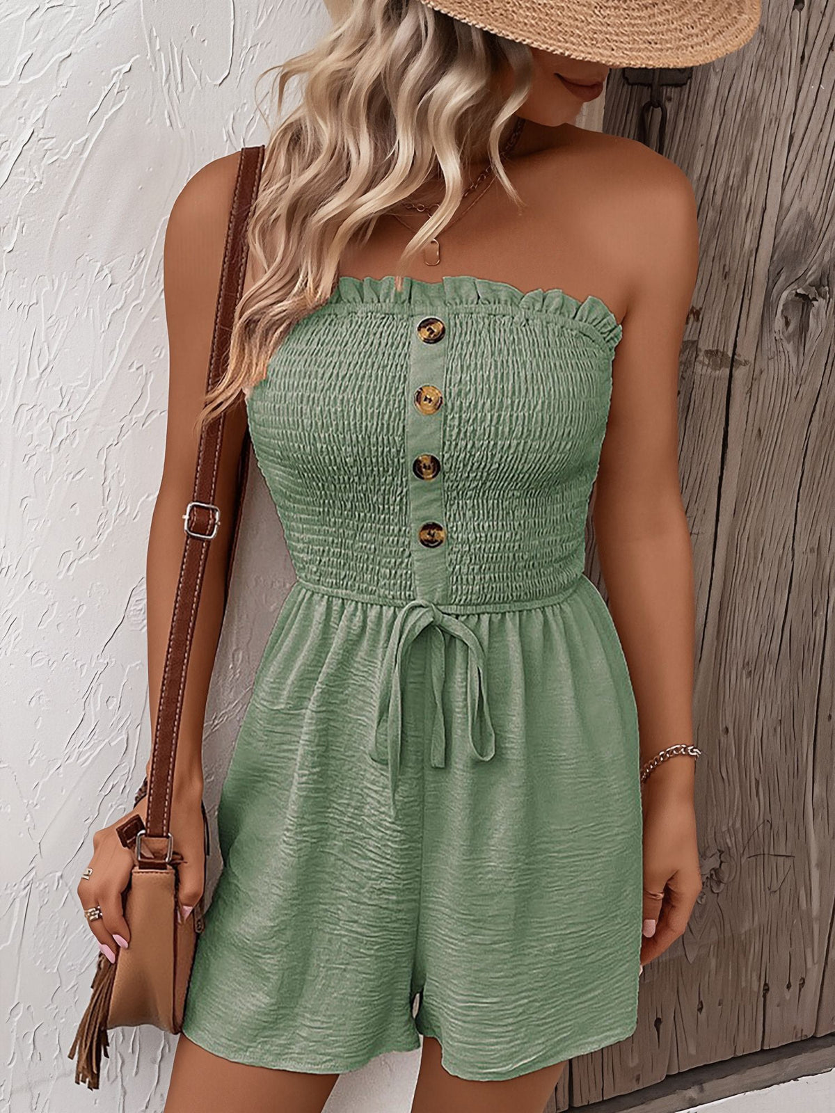 Vacation Solid Color Strapless Ruffled Smocked Rompers