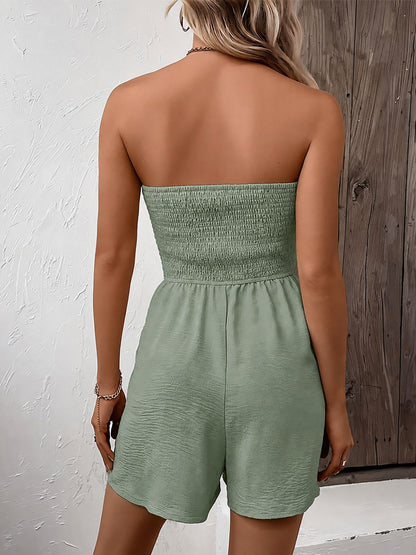 Vacation Solid Color Strapless Ruffled Smocked Rompers
