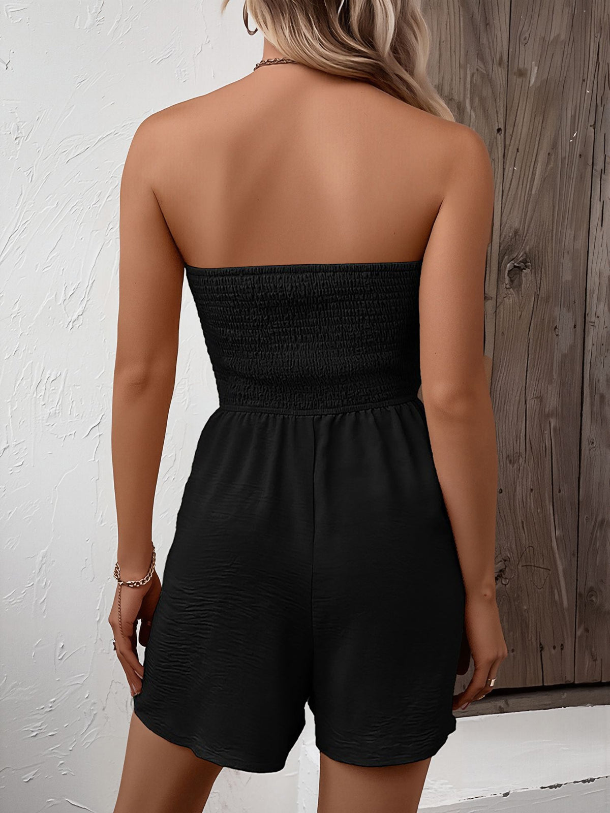 Vacation Solid Color Strapless Ruffled Smocked Rompers