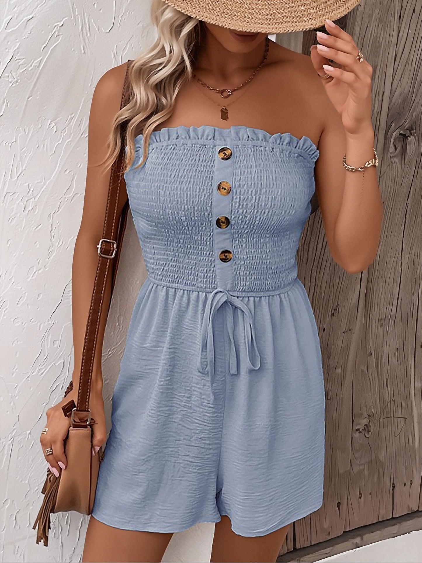 Vacation Solid Color Strapless Ruffled Smocked Rompers
