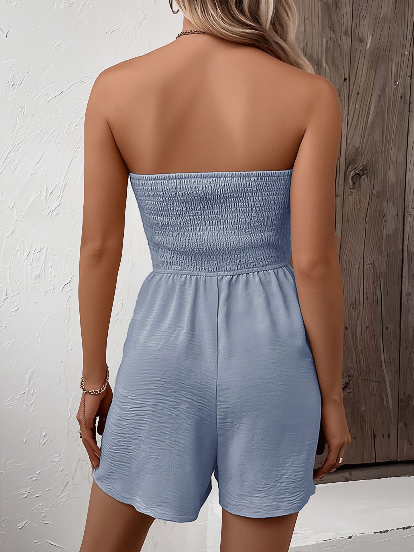 Vacation Solid Color Strapless Ruffled Smocked Rompers