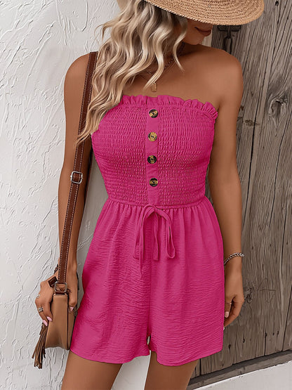 Vacation Solid Color Strapless Ruffled Smocked Rompers
