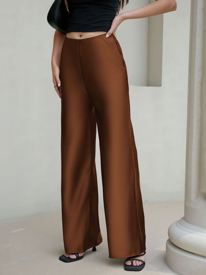 Satin Solid Color Straight Leg Trousers Pants